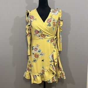 Romeo + Juliet Couture Yellow Floral Faux Wrap with Tie Cold Shoulder Dress